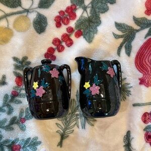 Vintage Japanese Flat Back Black Ceramic Floral Salt and Pepper
